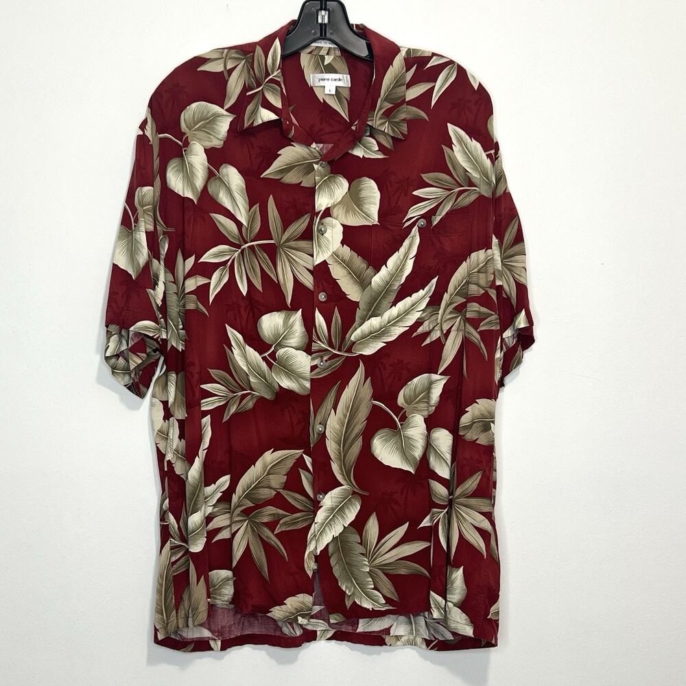 Pierre Cardin Hawaiian Shirt Mens L Red Tropical Rayon Camp Casual Beach